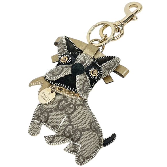 GUCCI Accessories - Gucci keychain, bulldog motif, GG pattern, coated canvas and leather, brown, ...